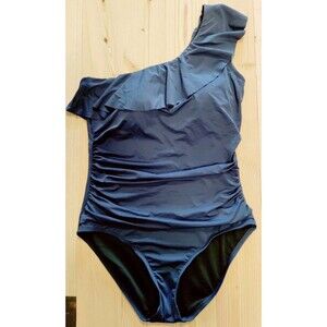 Hilor Women's One Piece Swimsuit One Shoulder Ruffle Navy Blue Size 12